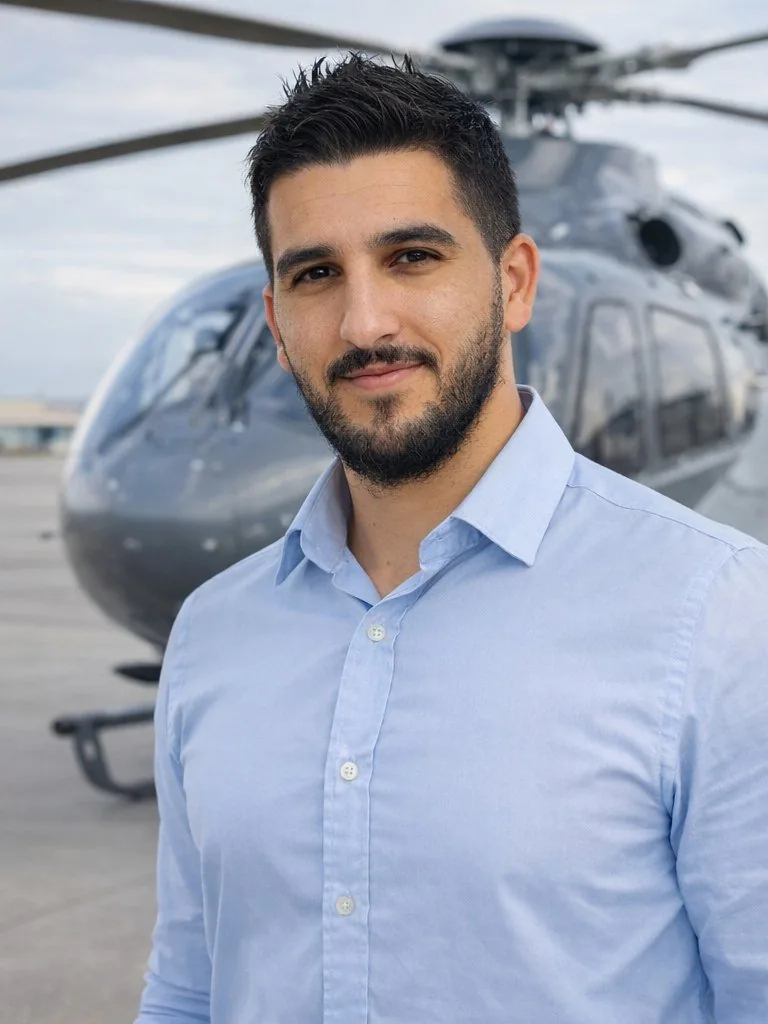 Elyes Kernag sur un tarmac, devant un hélicoptère.