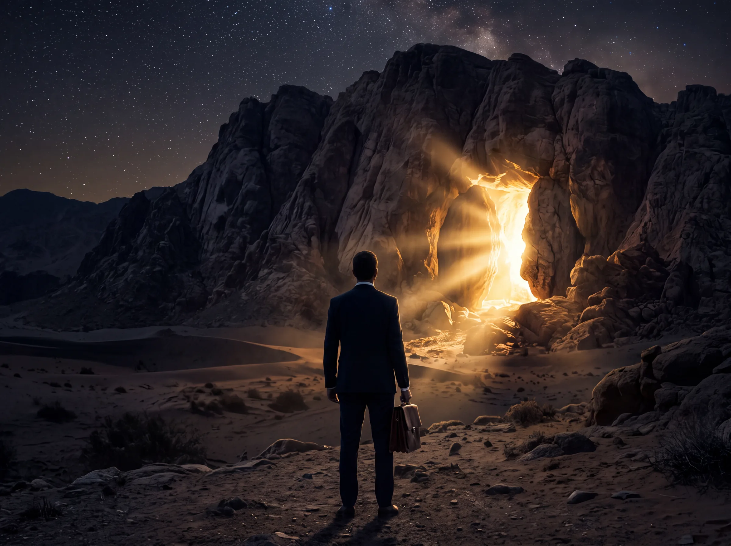 La nuit dans le désert, un homme en costume face à une montagne dont la porte de pierre s'ouvre sur une lumière éclatante.